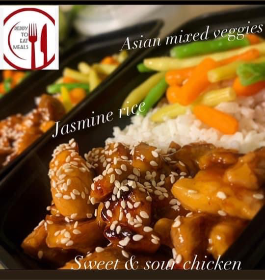 Sweet & sour chicken with rice and Asian veggies